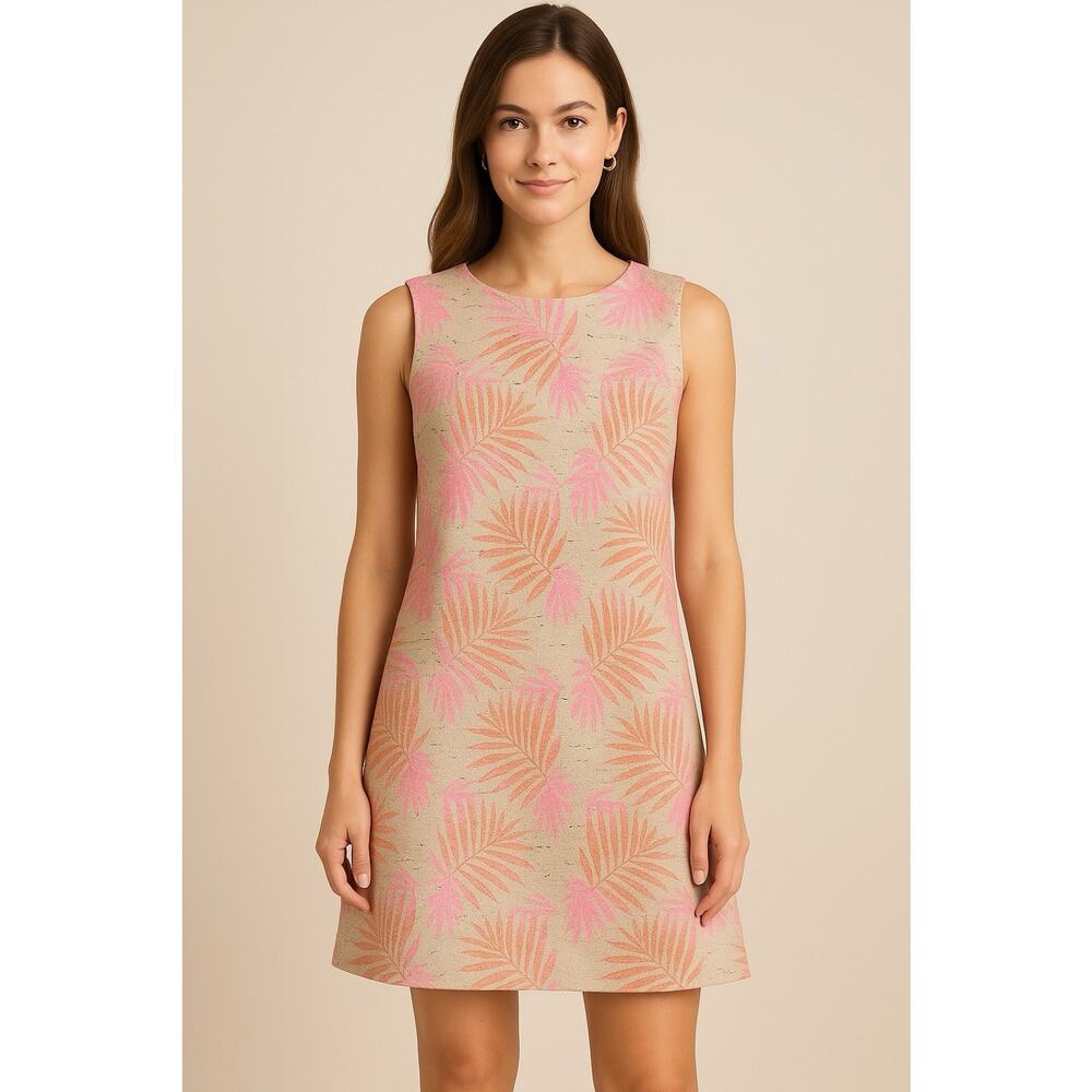 FRNCH Paris Palm Print Shift Dress M Pink Orange Tan Mod Retro Sleeveless Resort